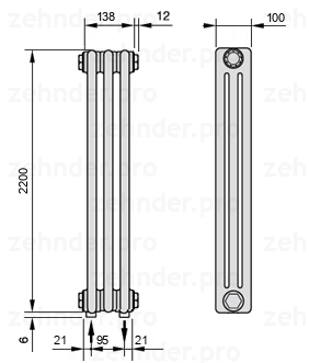 Схема (чертеж) Радиатор Zehnder Charleston 3220/3 №5310 Белый глянцевый RAL 9016